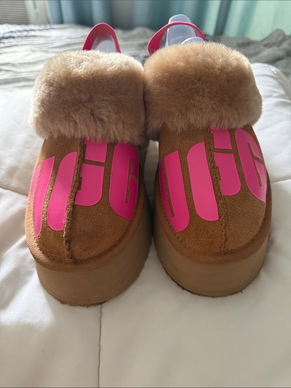 UGG Tan Suede Platform Mules with Bright Pink Graphic and Fur Cuff